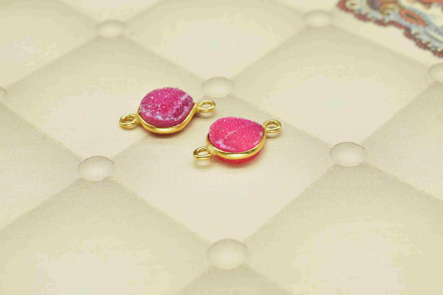 Pink Druzy Gemstone Pendant,Druzy 8mm Heart Shape Component,Double Bail Pendant Jewellery,Electroplated Connector Earring Jewelry DIY Making