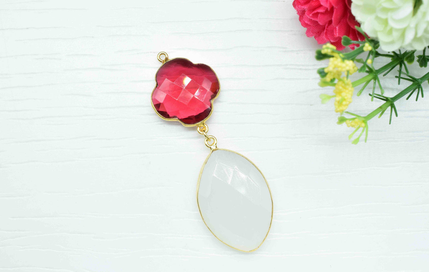 Pink Tourmaline+ White Rainbow Component Pendants ,Multi Stone Dangle Earrings ,Earring Component Jewelry ,Dangle pendant Charms, B'day Gift