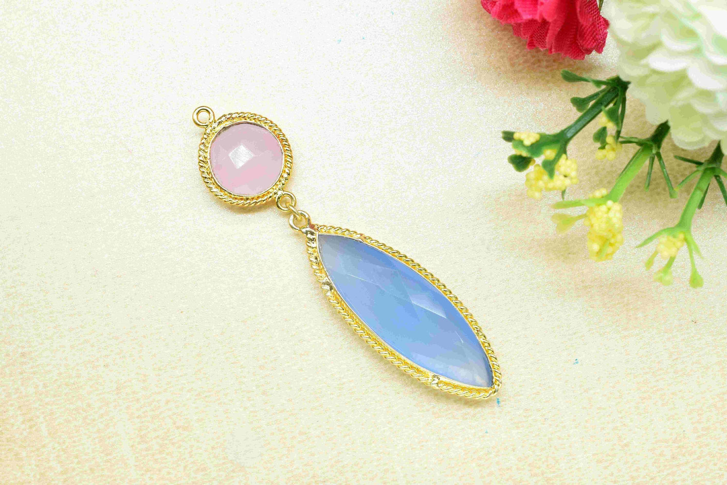 Blue Chalcedony  Pendant Charms ,Rose Quartz   Dangle Earring Component , Multi Gemstone Dangle Earring , Component Jewelry , B'day Gift