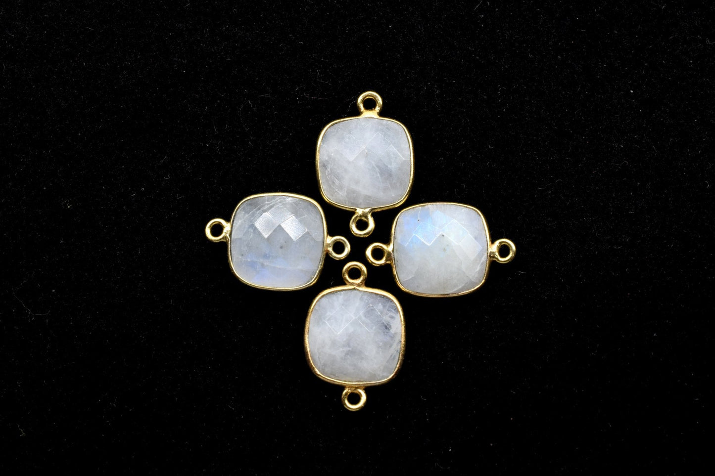 Moonstone 12mm cushion shape Double loop connectors,Moonstone Pendants,White Rainbow bezel links,Gemstone Cushion Cone Charms,Minimal Stones