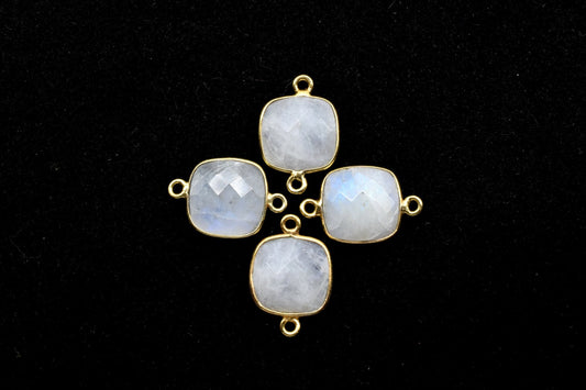 Moonstone 12mm cushion shape Double loop connectors,Moonstone Pendants,White Rainbow bezel links,Gemstone Cushion Cone Charms,Minimal Stones