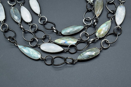 Blue Flashy Labradorite & Moonstone 10x30mm long briolette connector link Chain Natural Labradorite Bezel Chain,Labradorite Chain,Labradorit