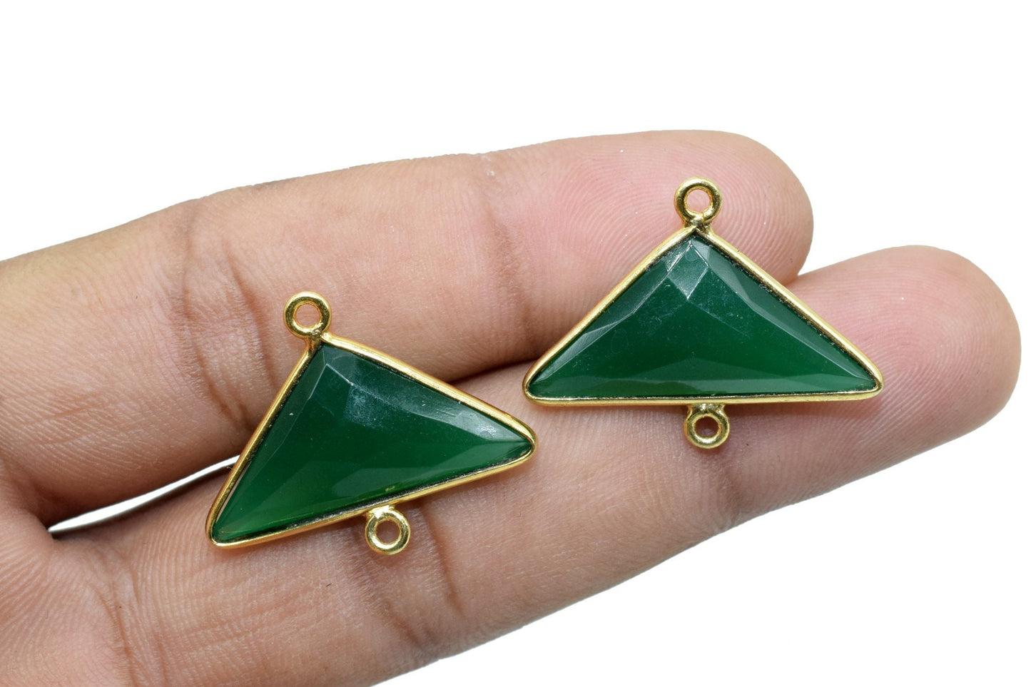 Green Onyx 12x25mm Triangle shape double loop charm,Brass Gold Plated bezel,Green Onyx Faceted Connector,Green Onyx Bezel Pendant, jewelry