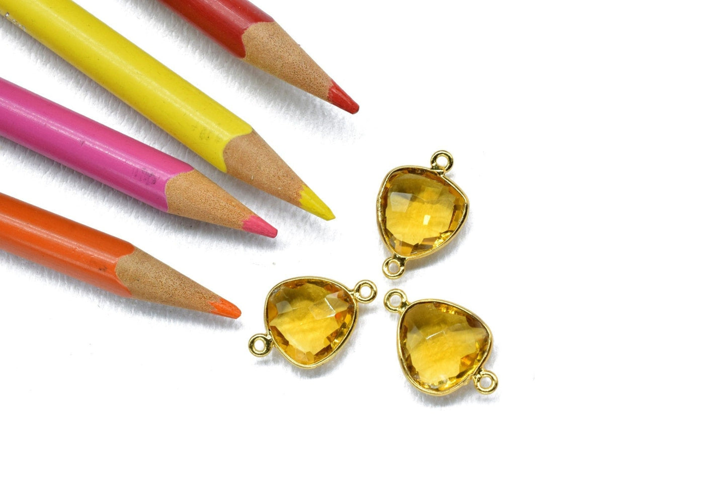 Citrine Quartz 12mm Triangle shape double bail connector,Brass Gold Plated bezel,Citrine Pendant,Citrine gold plated bezel,Citrine charms