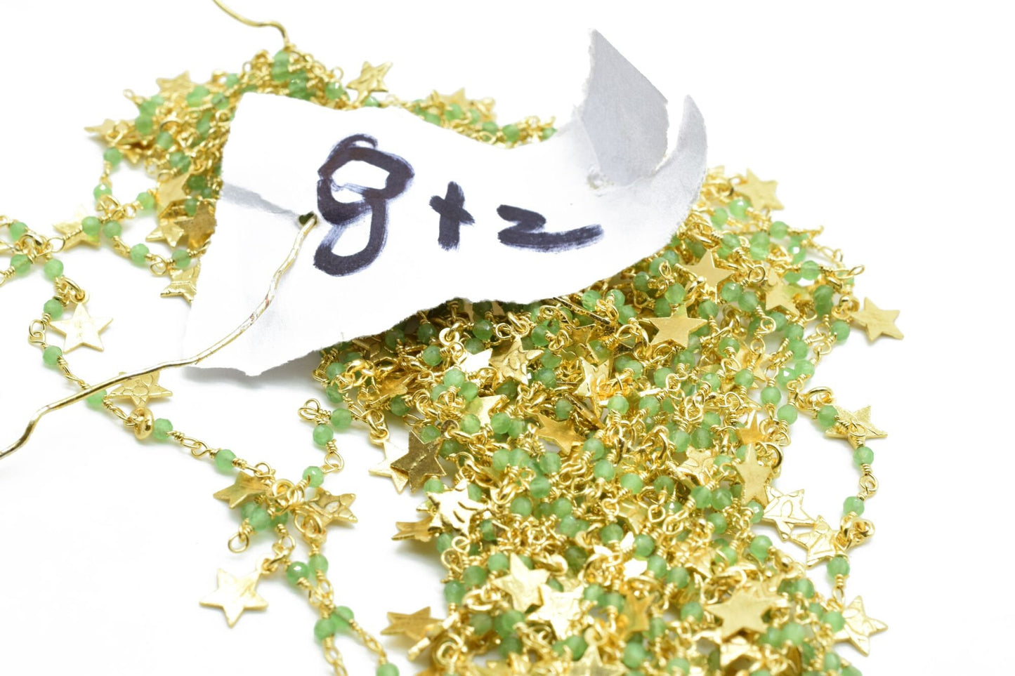 Chrysoprase 2mm Beaded & Star Charm Chain,Rosary Style Chain -Chain per foot,Yellow Plated Wire Wrapped Chain,Jewelry Making Supplies,Jewels