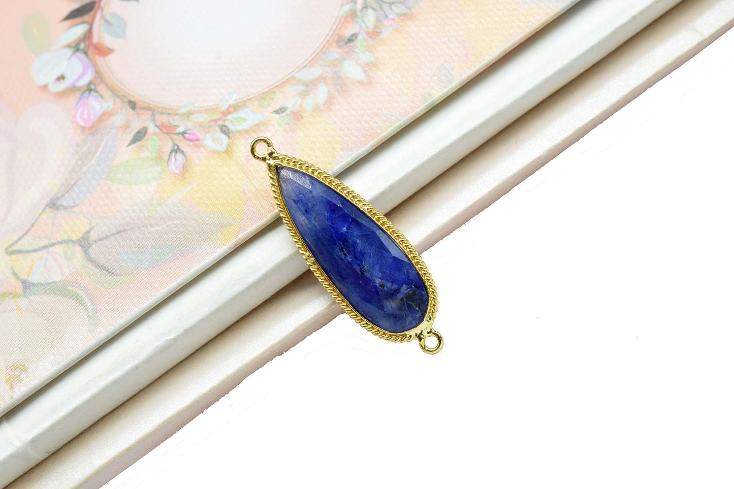 Blue Sapphire Faceted 10x30mm Pear Shape Charm,Blue Sapphire Connectors,Sapphire Double Bail Connector,Sapphire Gold Plated Charms Pendant