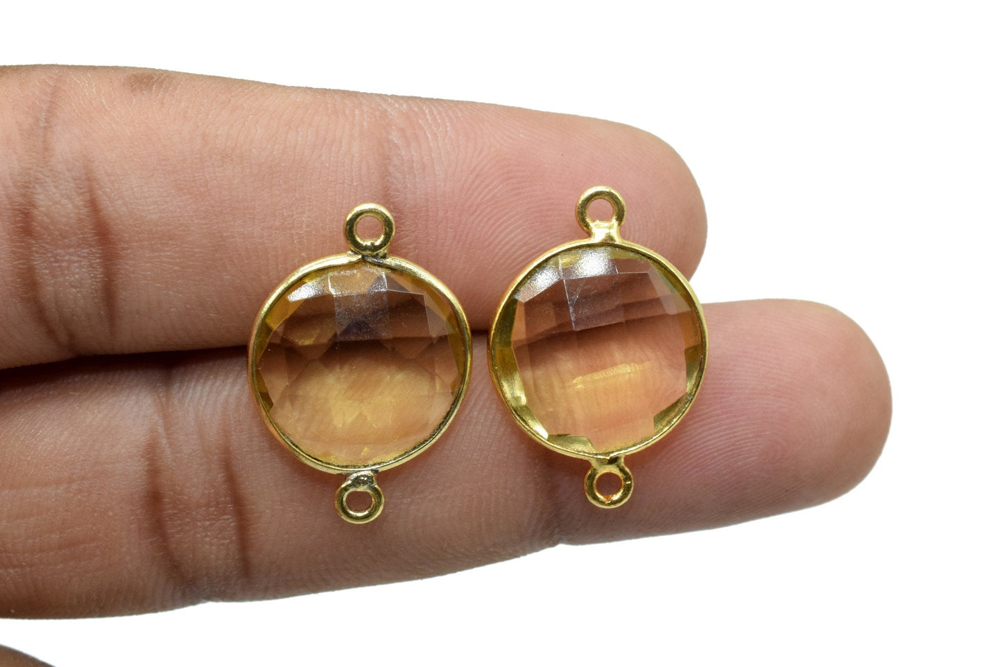 Citrine 14mm Round double bail connectors,Brass Gold Plated bezel,Citrine Pendant,Citrine gold plated bezel,Citrine dual bail connectors,