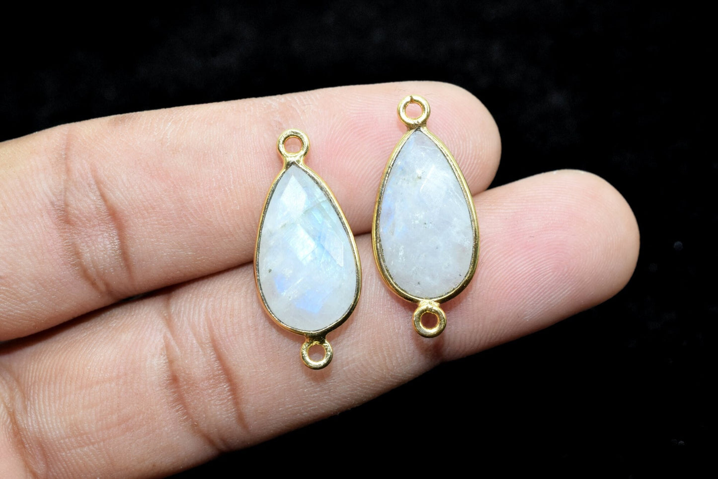 Moonstone 10x18mm Pear Shape Double bail Connectors,Moonstone Teardrop pendant,Moonstone Gold Plated bezel,jewelry making charms crafts,
