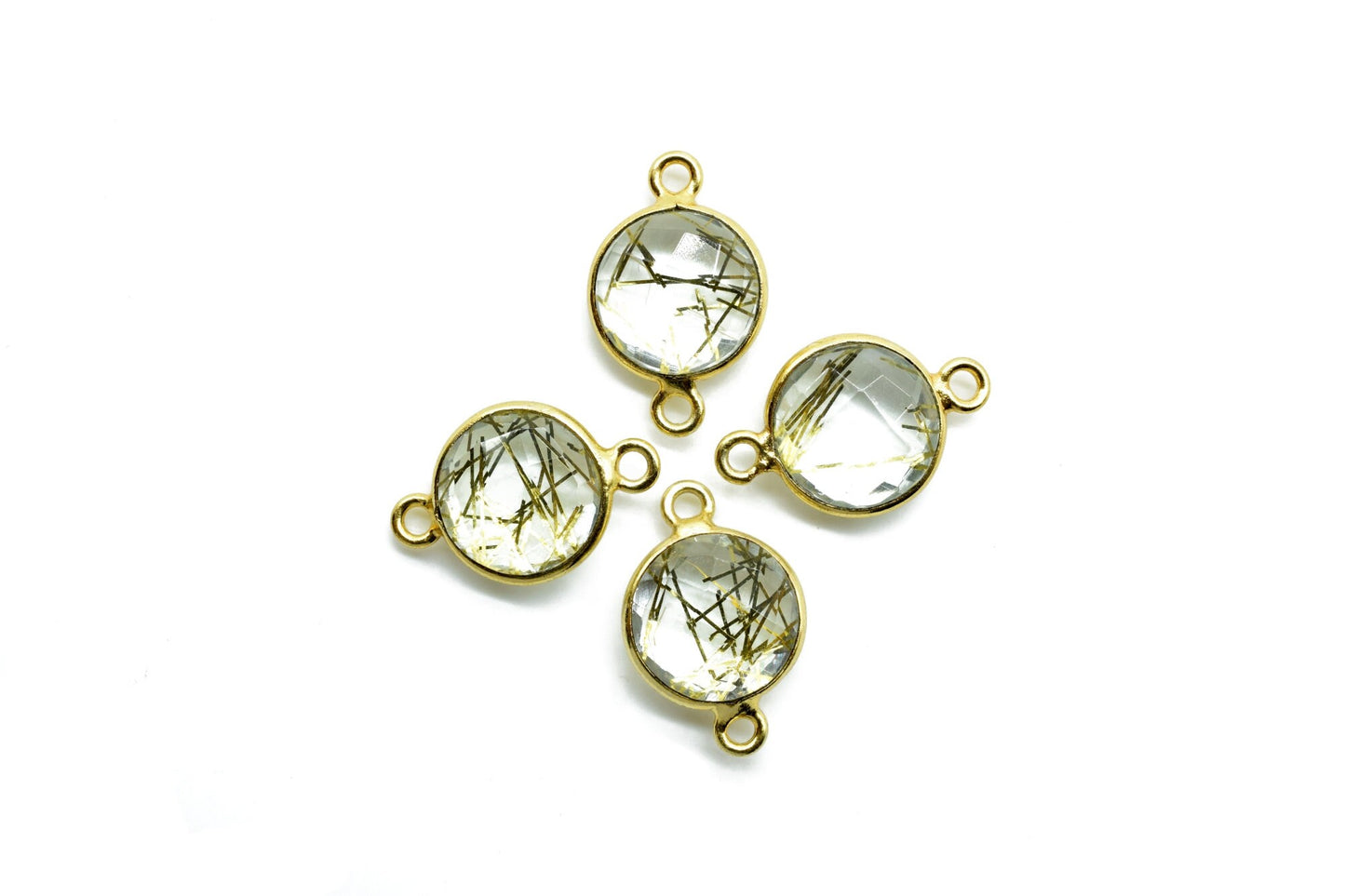 Golden Rutile 10mm Round double bail connectors,Golden Rutile Round Gold Plated bezel,Jewelry making charms,Golden Rutile Brass connectors,