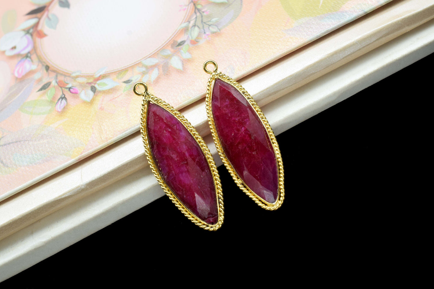 Natural Ruby Gemstone 10x30mm Marquise Shape Charms,Ruby charms Single Bail Connectors jewelry making,Ruby Gold Plating Charms Pendant,Gift