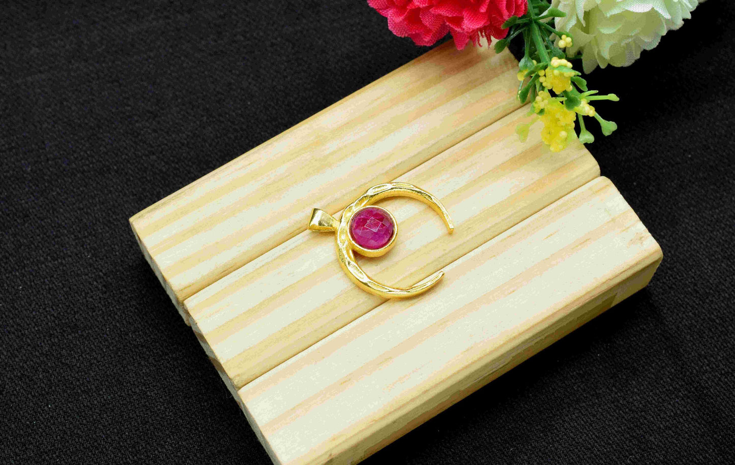 Ruby , Single Bail Charm , Ruby  Connector Pendant , Gold Plated Connectors , Single Bail Gemstone Connector Charm