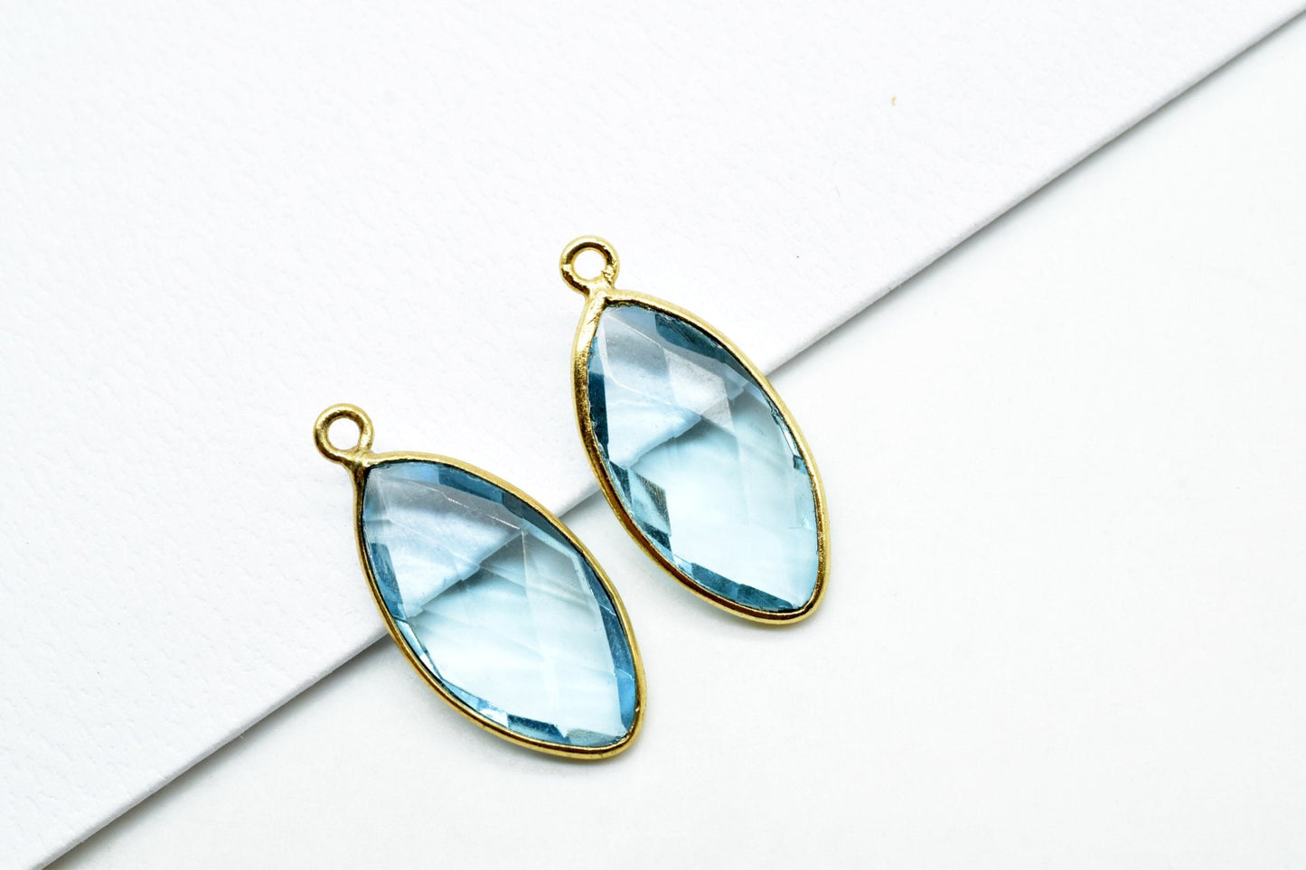 Sky Topaz 10x20mm Marquise shape charm,Brass Gold Plated bezel,Sky Topaz Faceted Briolette Connector,Topaz Bezel Pendant,Sky Topaz connector