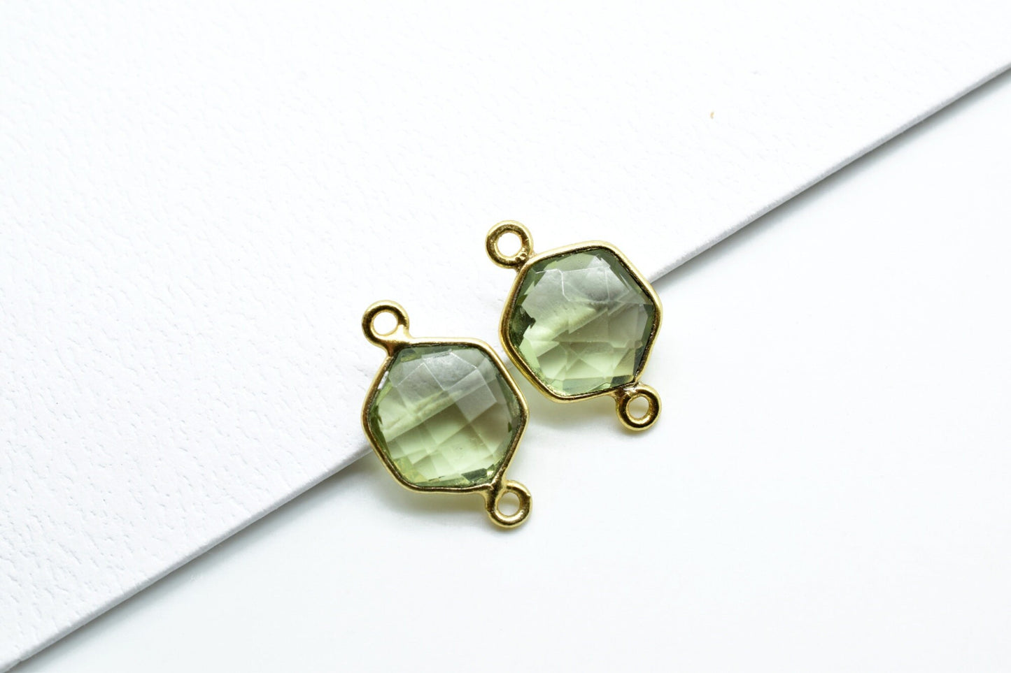 Green Amethyst 10mm Hexagon Shape Pendant,Gold Plated double Bail Gemstone Connector,Faceted Hexagon Shape Gemstone Bezel,Hexagon Pendants