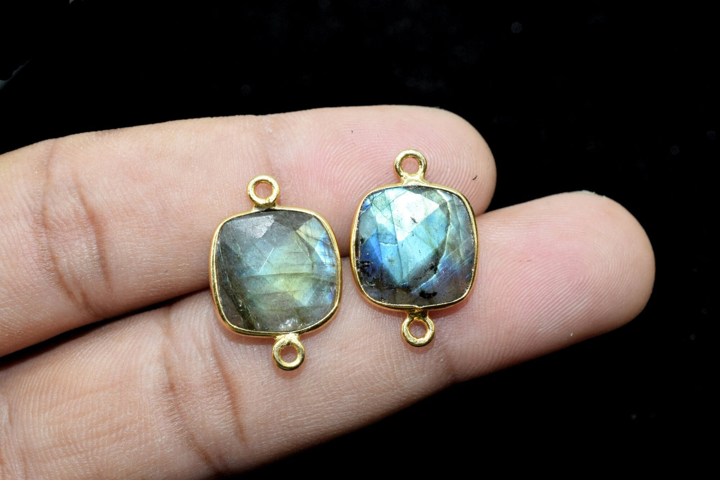 Blue Flash Labradorite 12mm cushion shape Double loop connectors,Brass Gold Plated bezels,Labradorite Pendants,Labradorite handmade bezels
