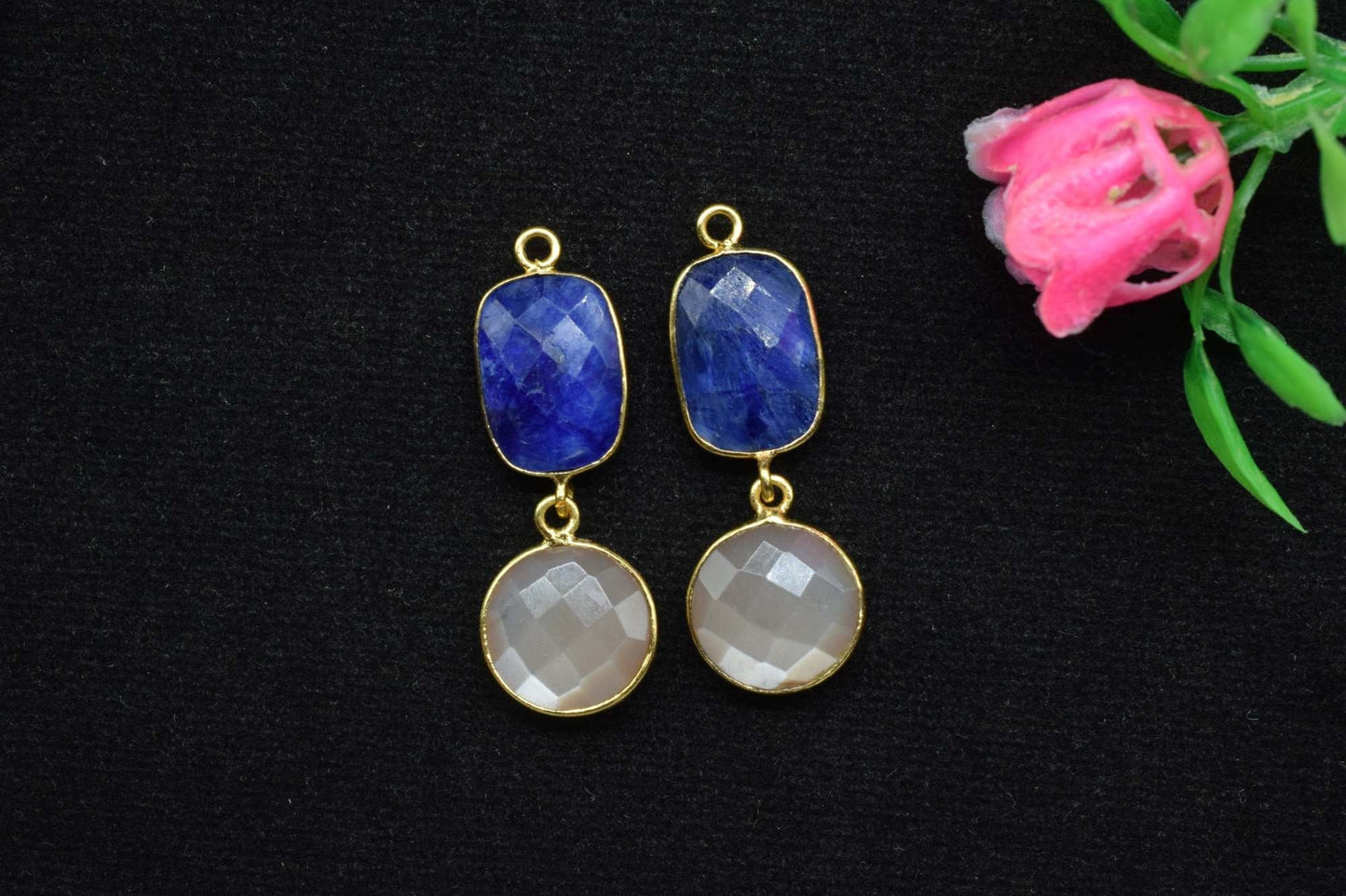 Blue Sapphire & Peach Moonstone Connector,Handmade Pendant,Multi Stone Pendant Charms Necklace,Station Bezel Link,Gemstone Earring Connector