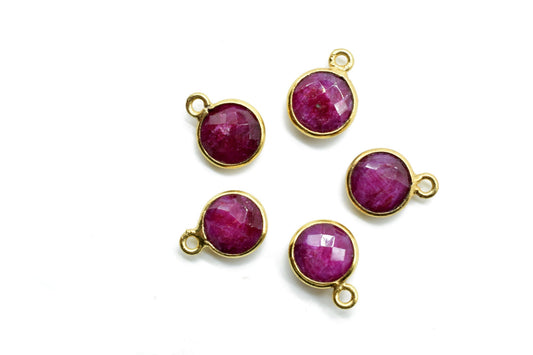 Natural Ruby 8mm charm,Ruby Pendant,Ruby Round Gold Plated bezel,Ruby Vermeil Bezel,Ruby jewelry making charm,Ruby Brass connector,Ruby gift