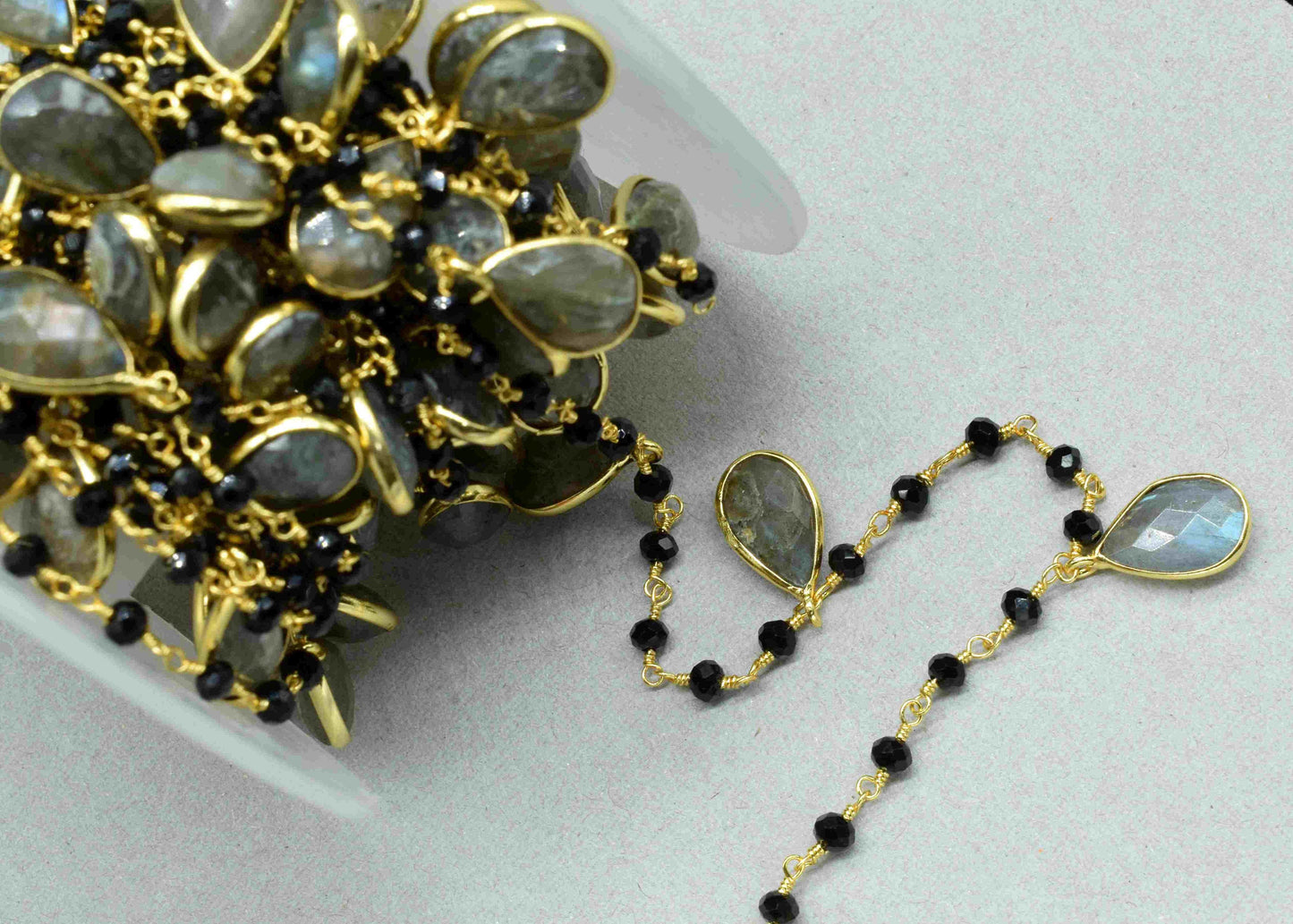Labradorite 8x12mm Teardrop Shape Bezels Link Chain,Black Onyx 3mm Beads Chain,Labradorite Bezels chain,labradorite And Black Onyx Jewellery