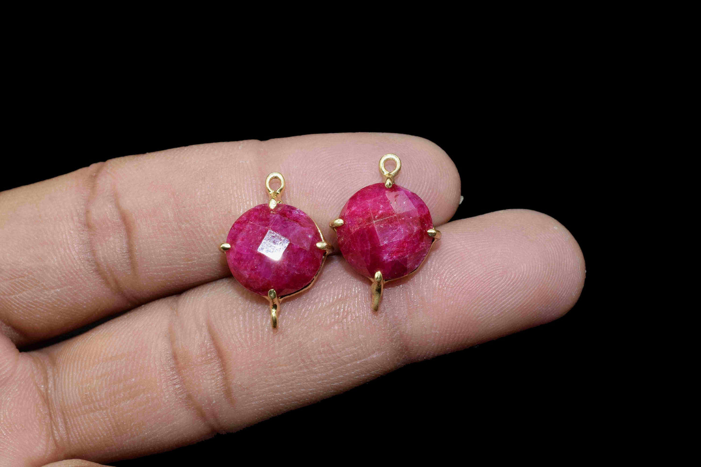 Natural Ruby Round Connector,double bail connector,Natural Ruby Beads jewelry,Handmade Charm,Red Gemstone Bezel,Ruby Prong Bezel Charm,Gift