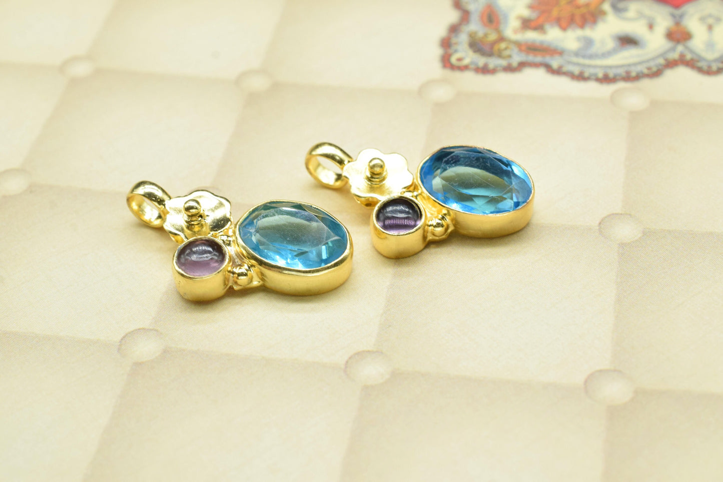 Sky Topaz Oval Shape Pendants Charm,Brass Pendant,Handmade Craft,Multi Stone Pendant Jewelry,Gemstone Pendant,Statement Pendant,Loop Pendant