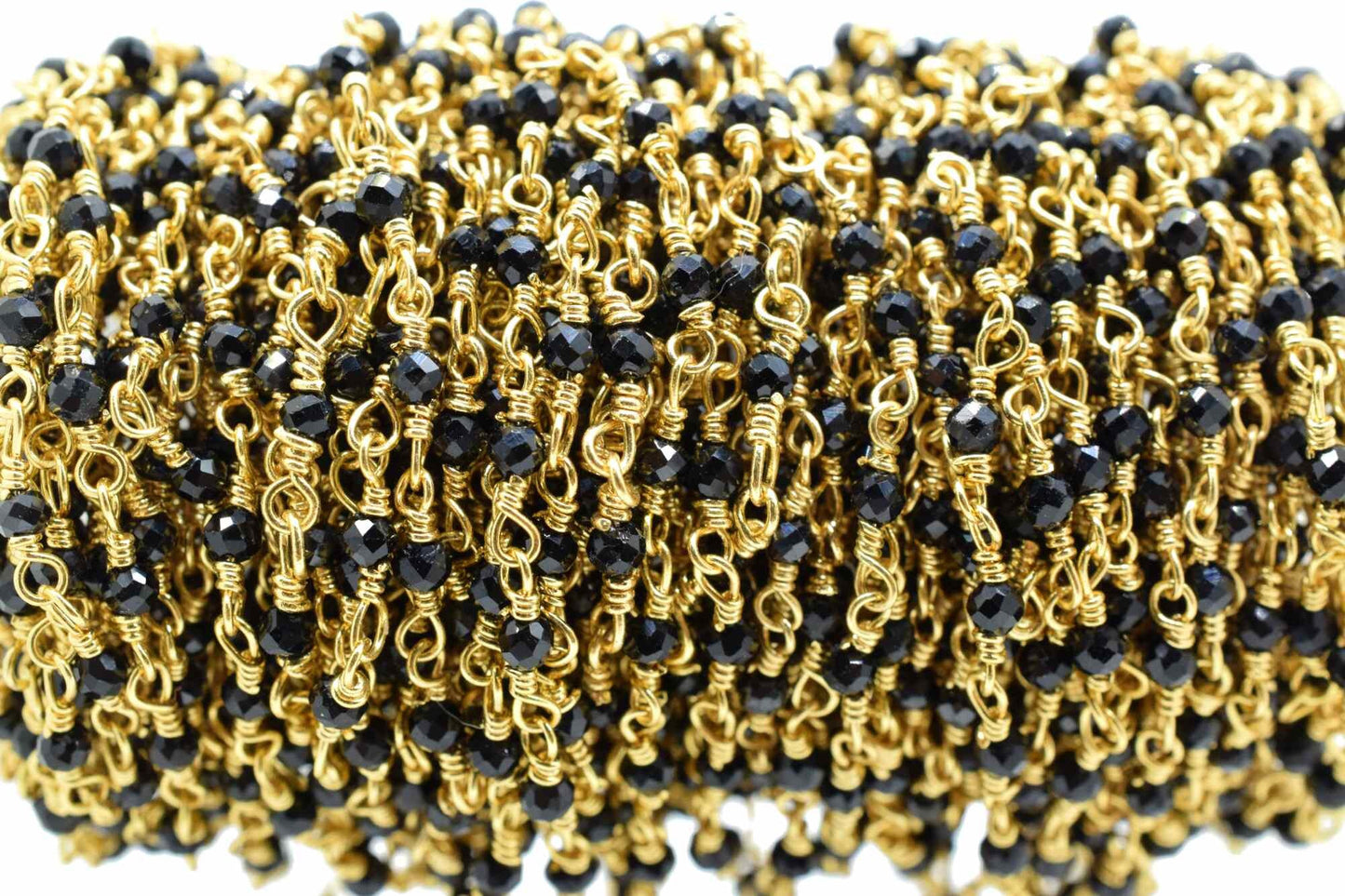 Black Spinel 2mm Rosary Style Beaded Chain, Black Spinel Faceted Beads Wire Wrapped Chain,Brass chains,Jewelry Making Chains,2mm Beads Chain