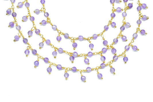 Natural Amethyst Dangling Bead Chain,Gemstone Rosary Chain,Wire Wrapped Necklace Chain,Amethyst Cluster Rosary Chain,Handmade beaded Jewelry