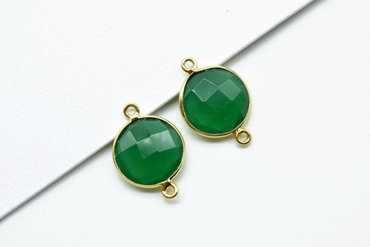 Natural Green Onyx 14mm Round Dual links connector,Brass Gold Plated bezel,Green Onyx Pendant,Stone Links,Gems Station,Onyx Earring Supplies