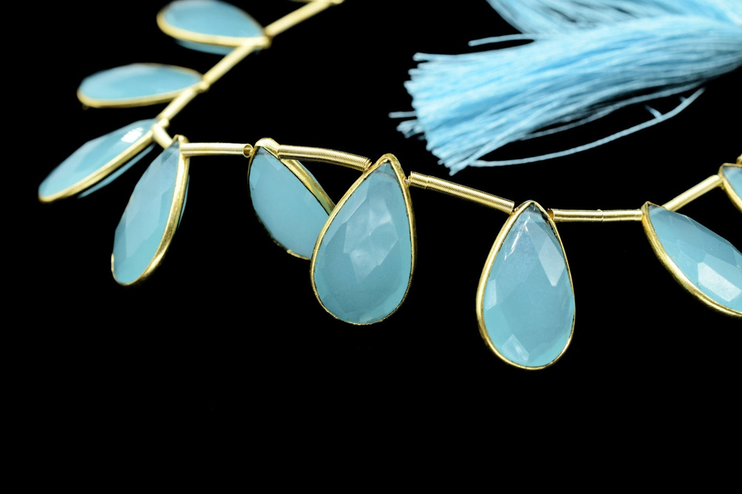 Aqua Chalcedony Side to Side Drilled chrams,Faceted Teardrop Gold Bezel ,pendant,earring findings,connector,Gemstone drilled bezel strand