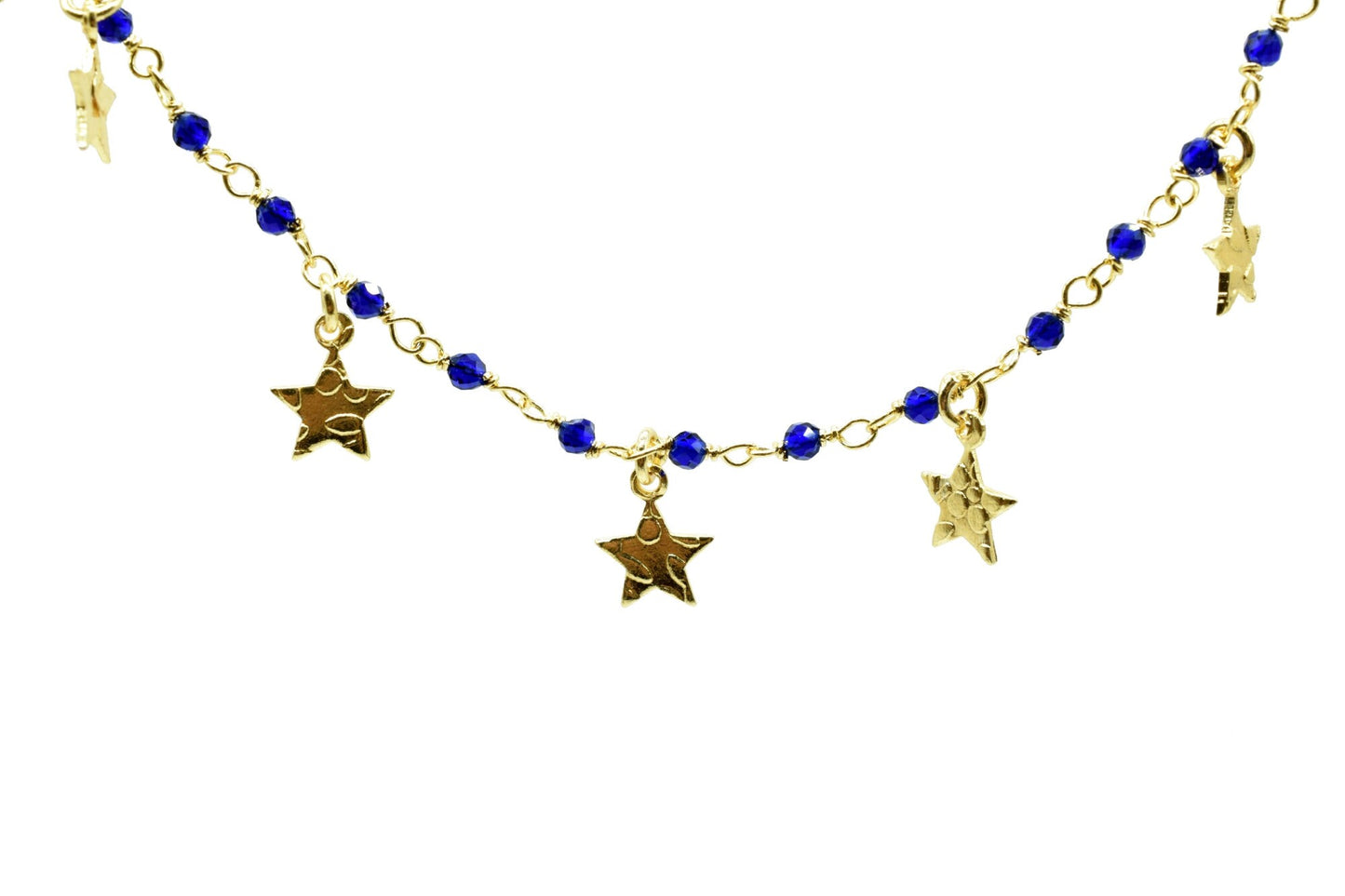 Blue Sapphire 2mm Beaded & Star Charm Chain,Sapphire Wire Wrapped Rosary Chain,Beaded Chain,, Chain by The Foot,Bead Wire Wrapped Chains