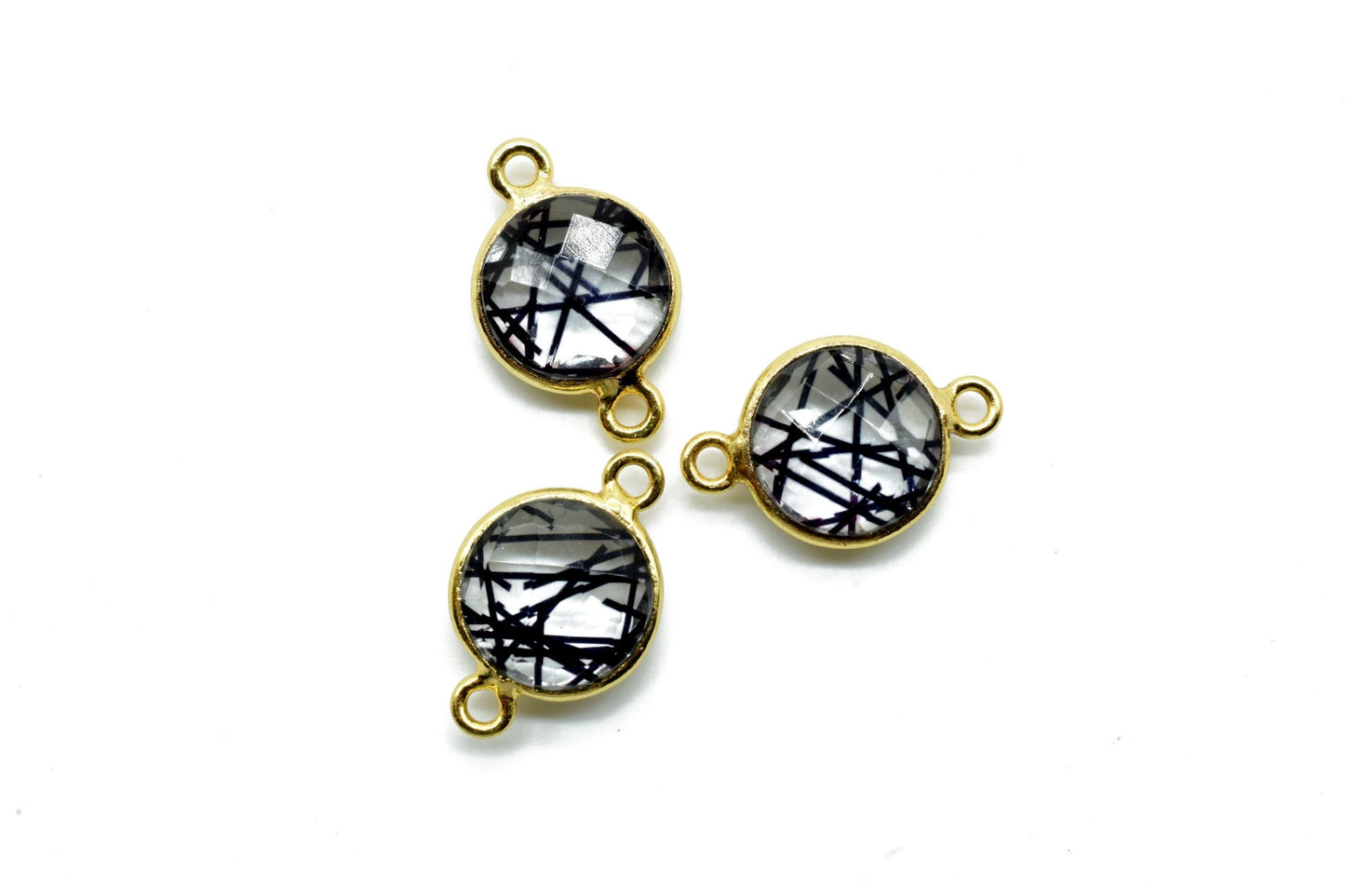 Black Rutile 10mm Round Double loop connectors,Brass Gold Plated bezel,Black Rutile Pendant,Black Rutile double bail Round connectors,Rutile