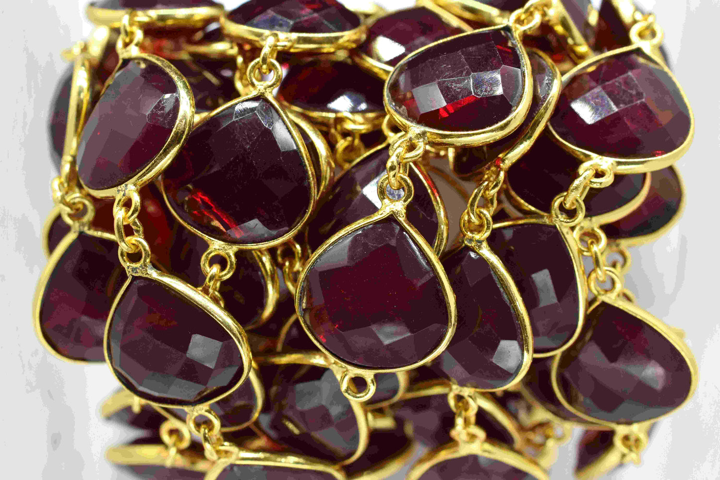Garnet Gemstone 12mm Heart Shape Bezel Chain, Gemstone Connector Chain, Garnet Connector Link Chain, Garnet Loop Connector Chain For Jewelry