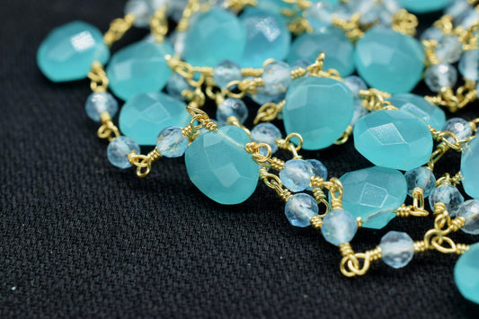 Aqua chalcedony,sky topaz Beaded & Heart shape Chain,Beaded Wire Wrapped Gemstone Beads,Faceted Rosary Chain,Gemstone rosary style chains