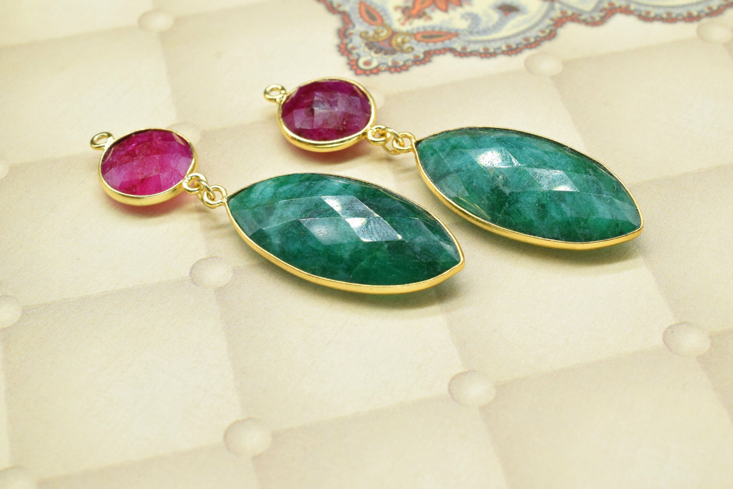 Ruby Component pendant,Dangle pendant Charms,Multi Gemstone Dangle Earring,Necklace Connector,Emerald Bezel Connectors,Handmade jewelry Gift