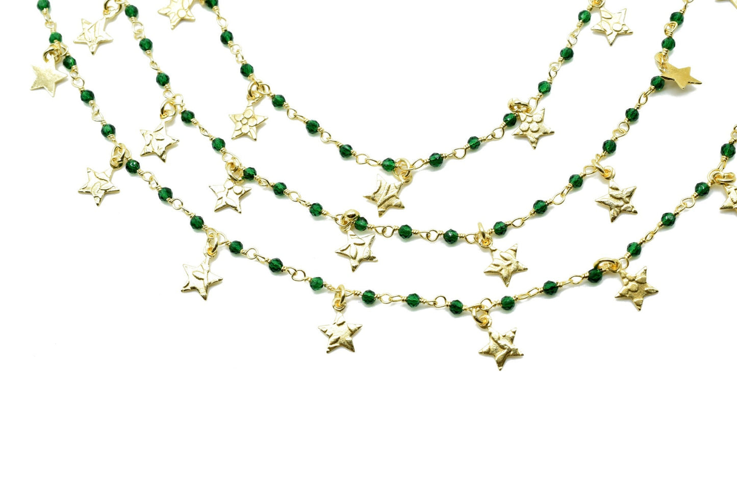 Green onyx 2mm Beaded & Star Charm Chain,Gold Plated Rosary Chain,Wire Wrapping Gemstone Chain, Gemstone chain,Anti-Tarnish Finished chain
