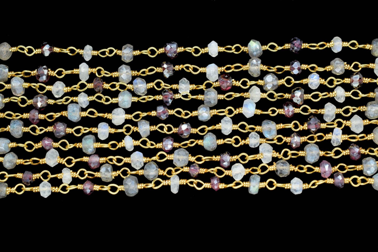 Labradorite 3mm Beaded Chain,garnet Rosary Chain,Gold Plating Wire Wrap Chain,moonstone beaded chain,combination rosary,multi gemstone,craft
