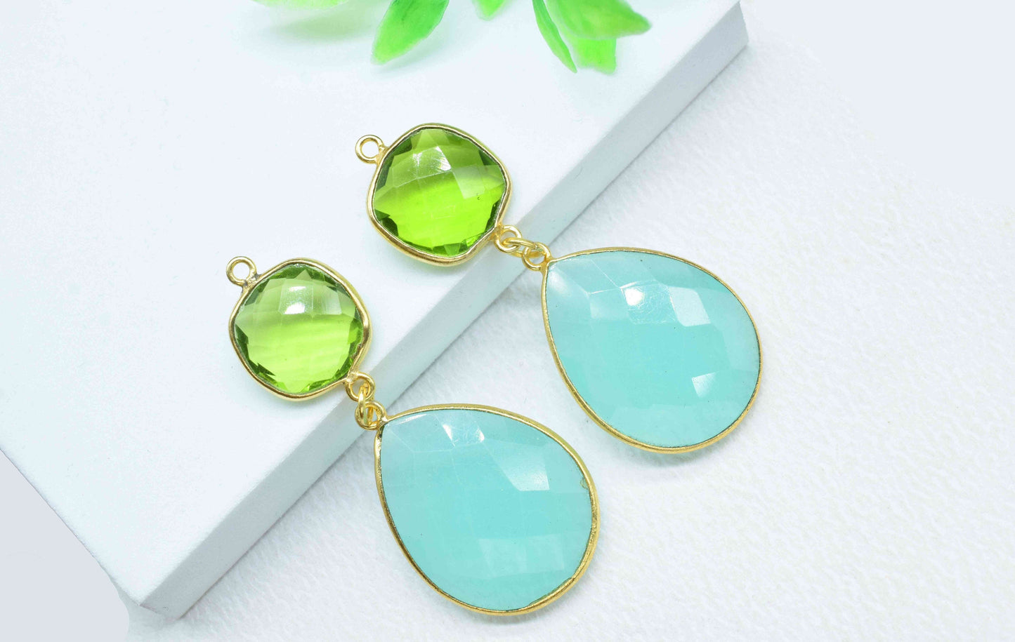 Aqua Chalcedony Component pendants,Multi Gemstone Dangle Earring,Peridot Connector jewelry,Dangle pendant Charms,Handmade Station Bezel Link