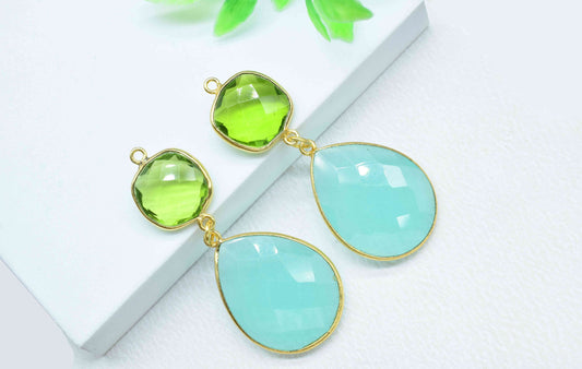 Aqua Chalcedony Component pendants,Multi Gemstone Dangle Earring,Peridot Connector jewelry,Dangle pendant Charms,Handmade Station Bezel Link