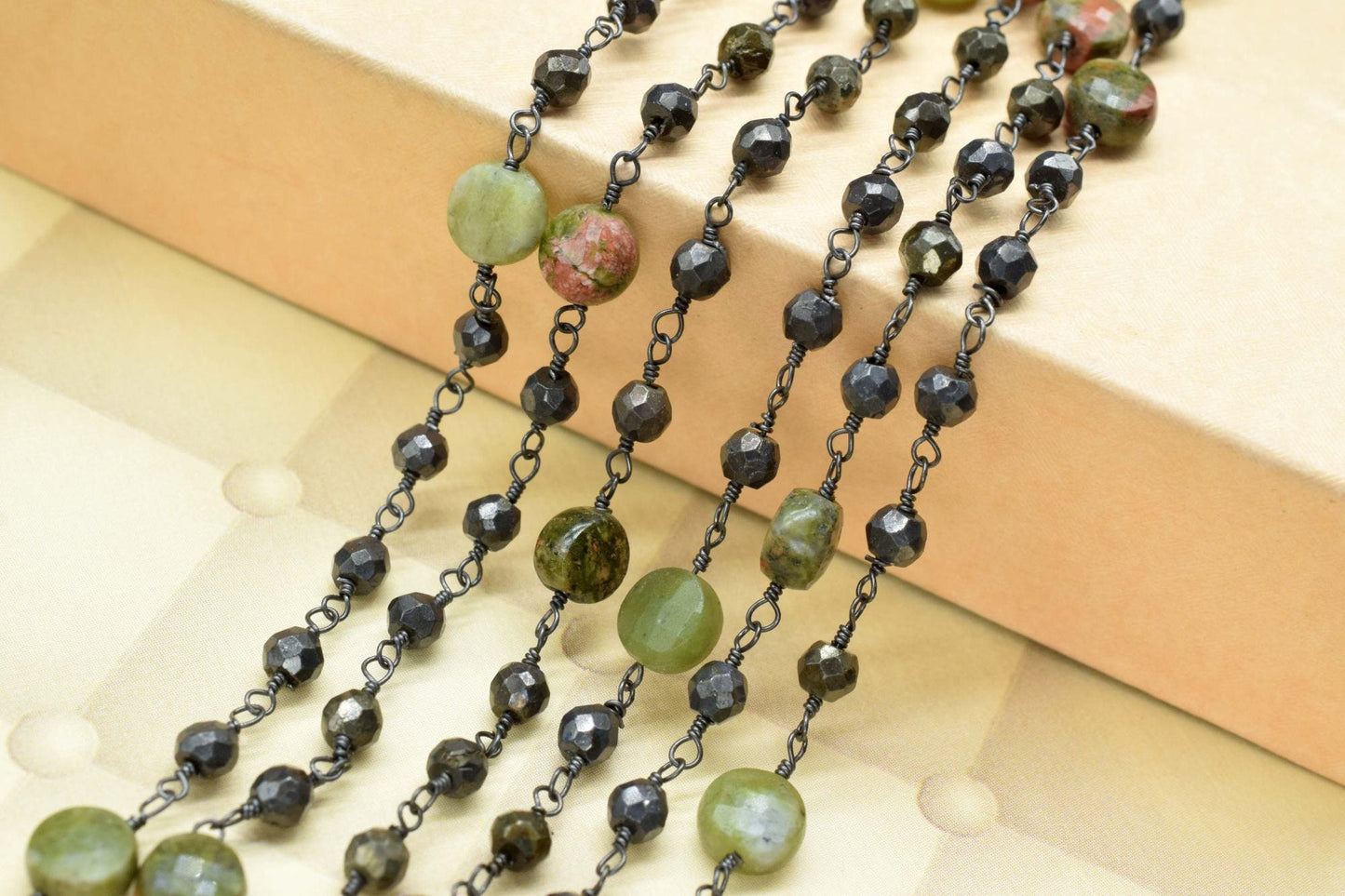 Natural Pyrite Rosary Chain, 3.5mm-4mm Faceted Beads, Black Plated Wire Wrapped Chain,Faceted Pyrite Bead,Gunmetal Plated Rosary,Chains,