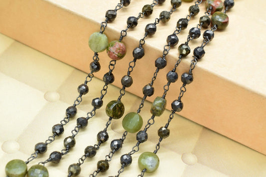 Natural Pyrite Rosary Chain, 3.5mm-4mm Faceted Beads, Black Plated Wire Wrapped Chain,Faceted Pyrite Bead,Gunmetal Plated Rosary,Chains,