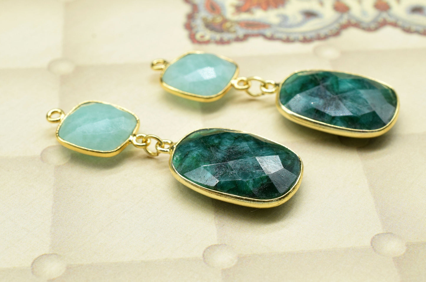 Emerald Component pendant,Multi Stone Dangle Earring,Square Shape Pendant Jewellry,Amazonite Dangle pendant Charm,Gemstone Bezel Connector