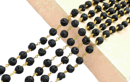 Black Lava Wire Wrapped Chain By Foot For Necklace,Black Lava 6mm round Shape Handmade Jewelry Making,Black Lava Smooth Beads Rosary,Gift