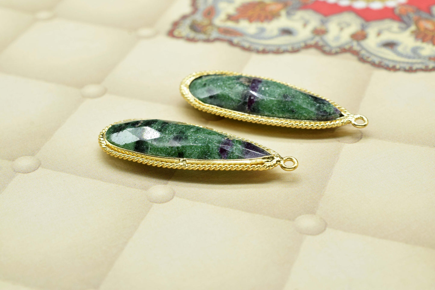 Natural Ruby Zoisite 10x30mm Bezel charm,Station Connector,jewelry making Craft,Single bail Gemstone Teardrop,Handmade Bezel Link,Bezel Set