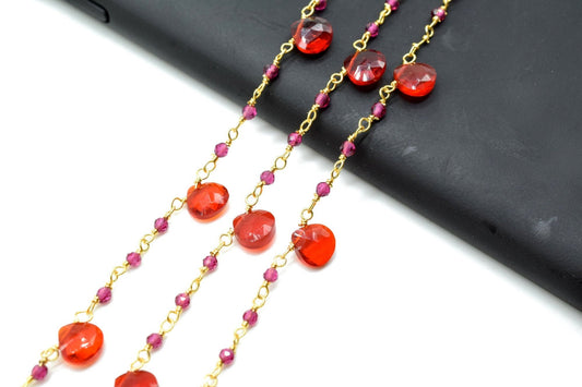 Carnelian,Pink chalcedony 2mm Beaded & Heart shape Chain,Beaded Wire Wrapped Gemstone Beads,Faceted Rosary Chain,Gemstone rosary style chain