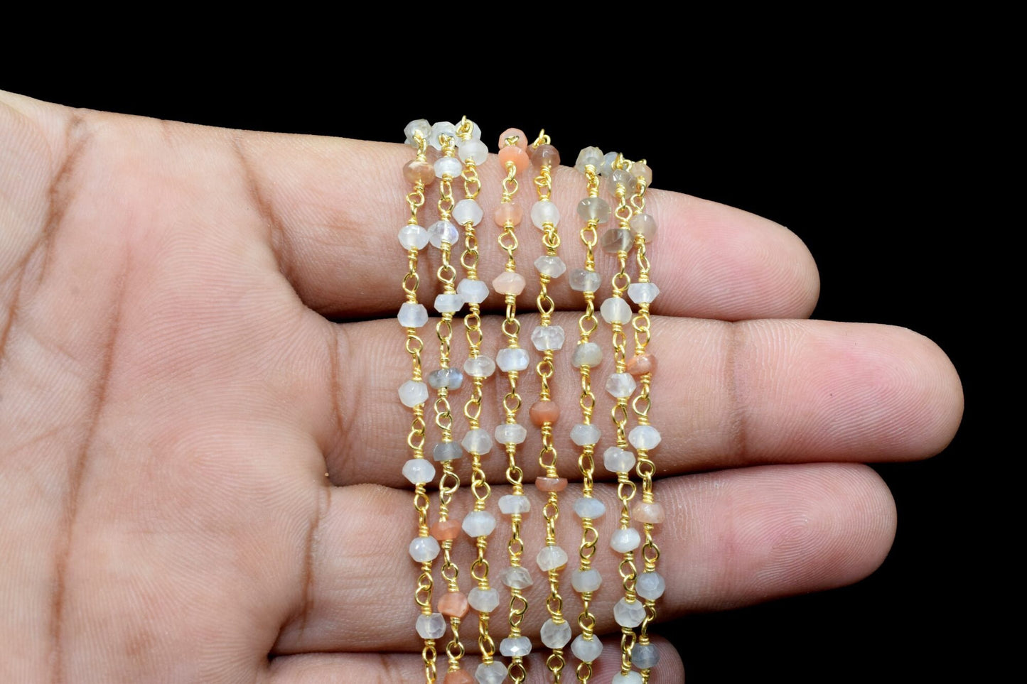 Multi Moonstone 3mm Beaded Chain,Multi Moonstone Wire Wrapped Chain,Moonstone Brass chain,Jewelry Making Chain,Moonstone Beads rosary chain