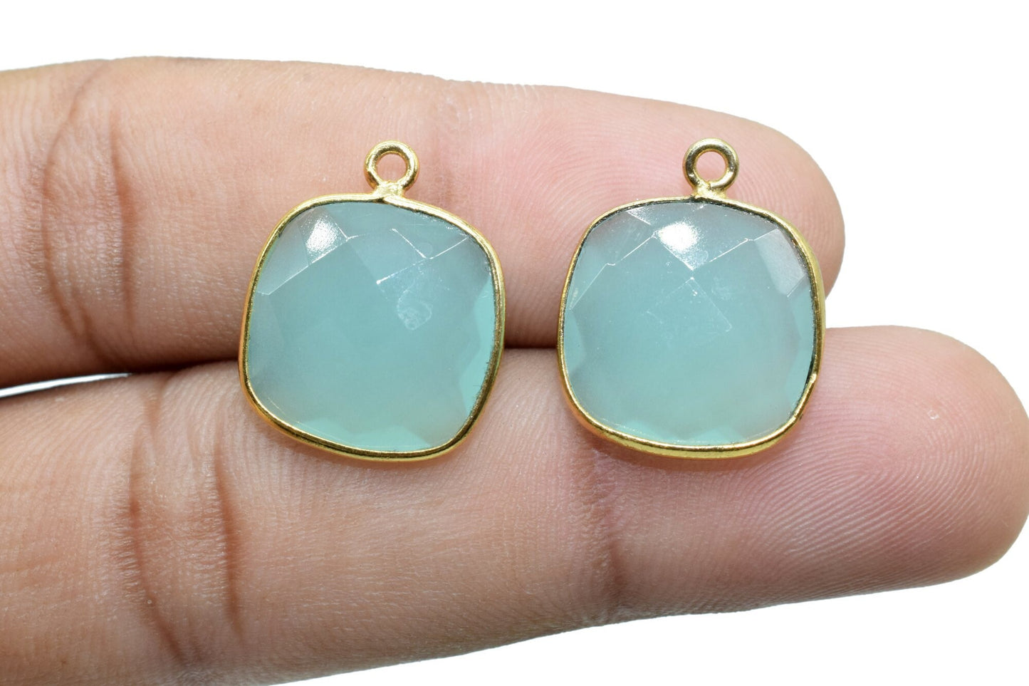 Aqua Chalcedony 14mm Cushion Bezel charm,Aqua Chalcedony Bezel Findings Cushion Charms,Cushion Shape Connectors,Single Bail Loop Gold Plated