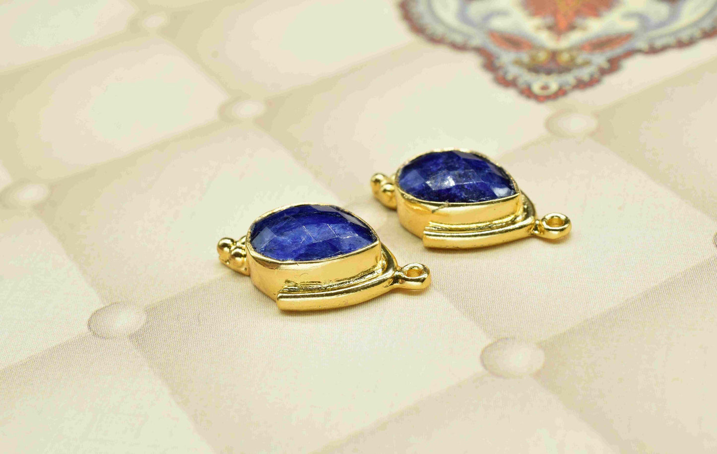 Blue Sapphire Faceted 9x13mm Peear Shape Connectors Pendant Jewelry,Sapphire Checker Cut Bezels Jewelry,Gemstone Gold Plating Charms Pendant