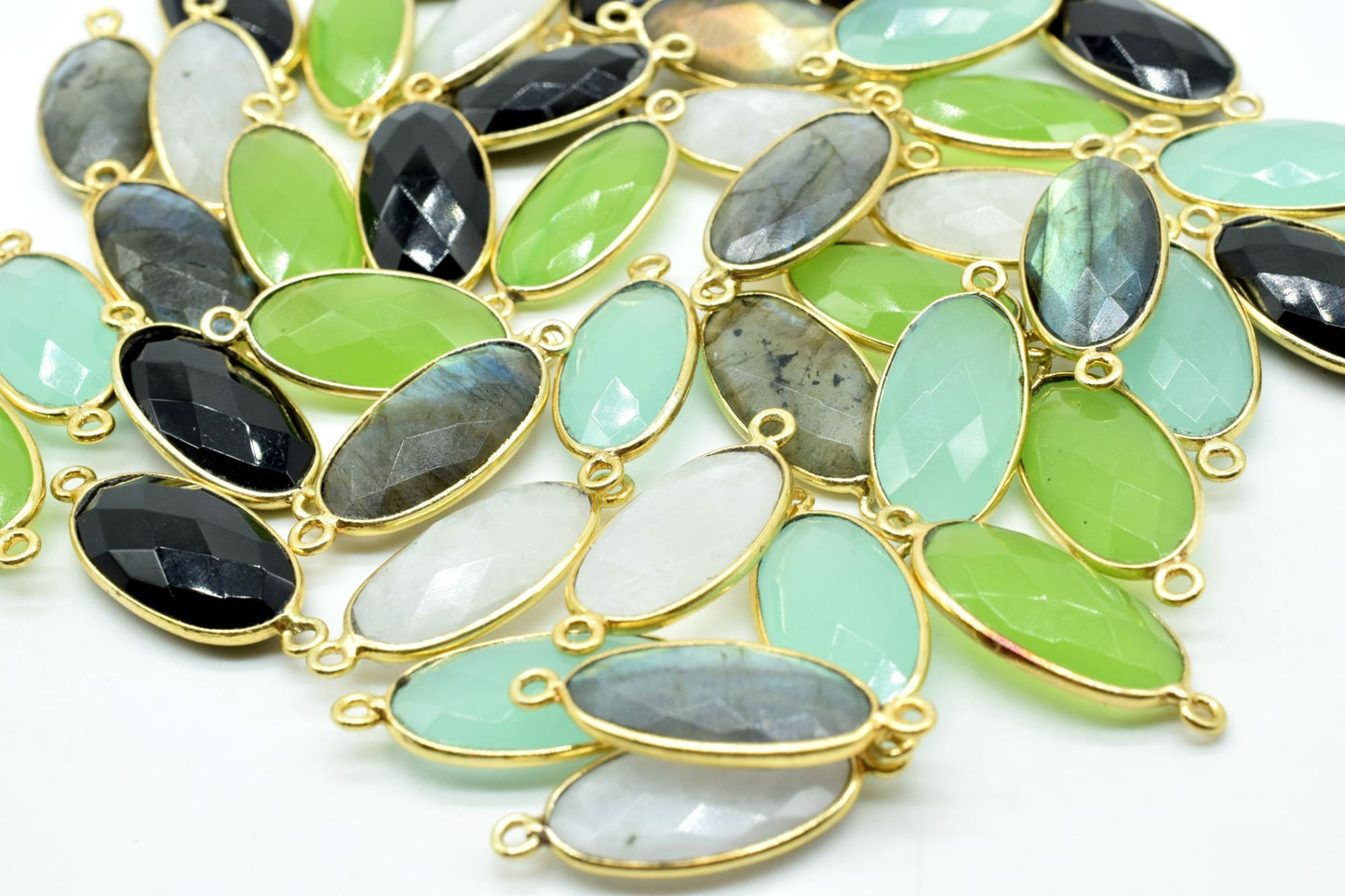 Aqua chalcedony 10x20mm double bail connectors,chalcedony Oval pendant,Gemstone connectors,Brass charm,Gold plated charms,Jewelry supplies
