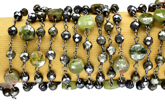 Natural Pyrite Rosary Chain, 3.5mm-4mm Faceted Beads, Black Plated Wire Wrapped Chain,Faceted Pyrite Bead,Gunmetal Plated Rosary,Chains,