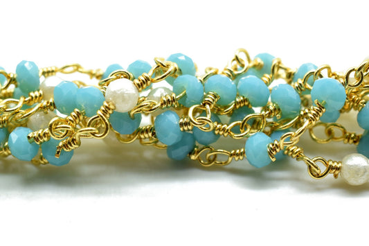 Peru Chalcedony 3mm Beaded Chain,Peru Chalcedony Wire Wrapped Chain,white pearl Brass chain,Jewelry Making Chain,Beaded rosary chain,rosary
