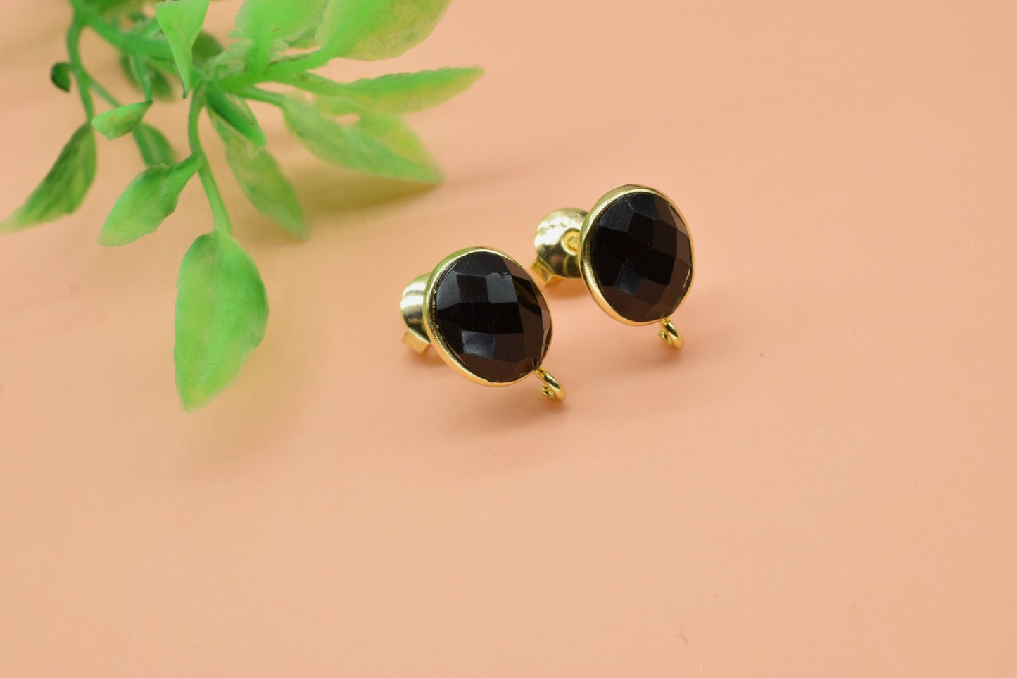 8x10mm oval Black onyx Earring Connector,Connector,Jewelry Making Supply,Ear Post Studs Connector,Single Loop Gemstone Earring Connector,