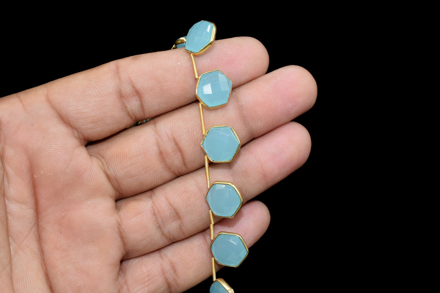 Aqua Chalcedony 10mm Faceted Hexagon Shape Single Bail Connectors ,Chalcedony Brass connectors,Chalcedony Hexagon Pendant